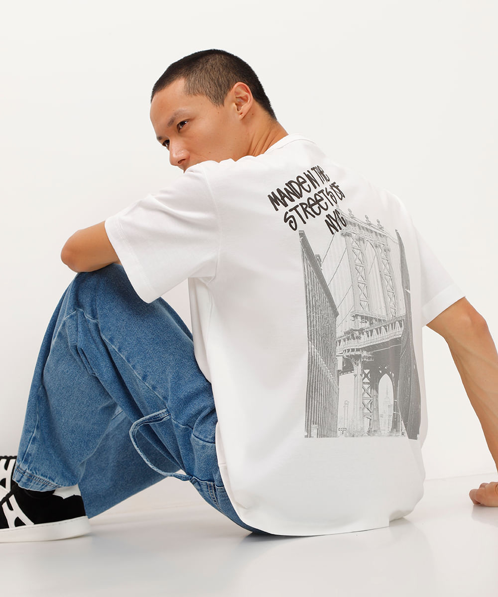 camiseta de algodão manga curta nyc off white