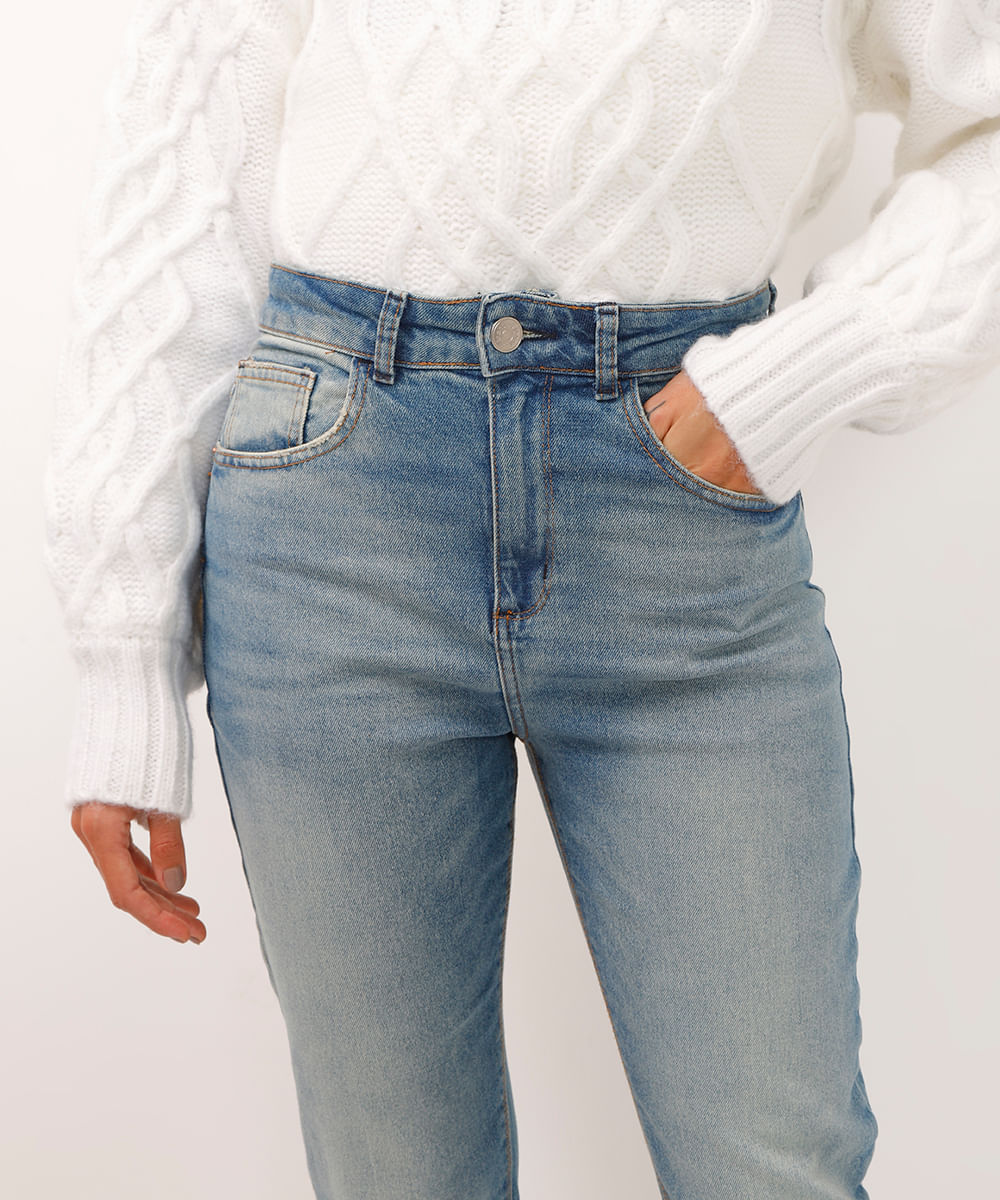 calça mom jeans comfort cintura super alta azul