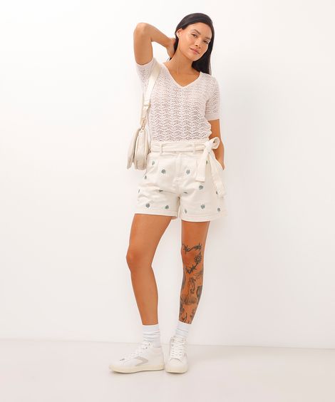 short clochard de sarja cintura super alta folhagem bege