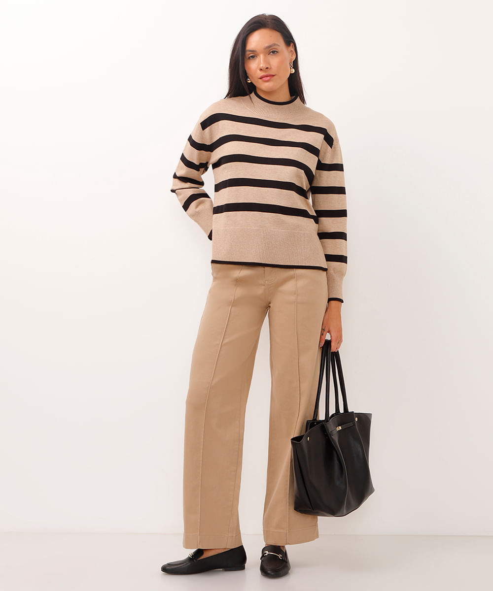 calça wide leg de sarja cintura alta com bolso sawary bege