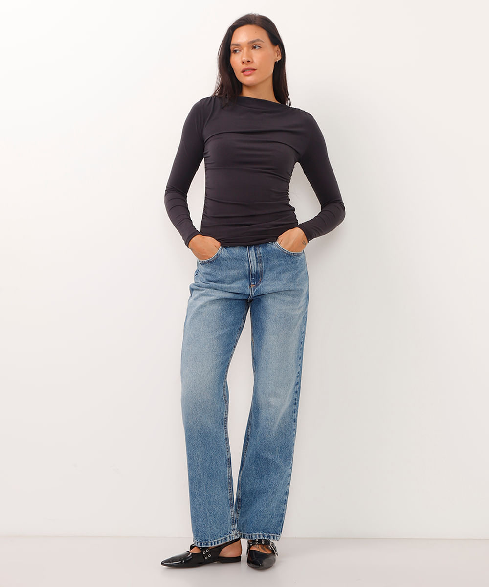 calça reta jeans cintura alta azul