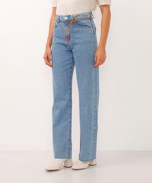 calça wide leg jeans slim cintura alta com cinto azul