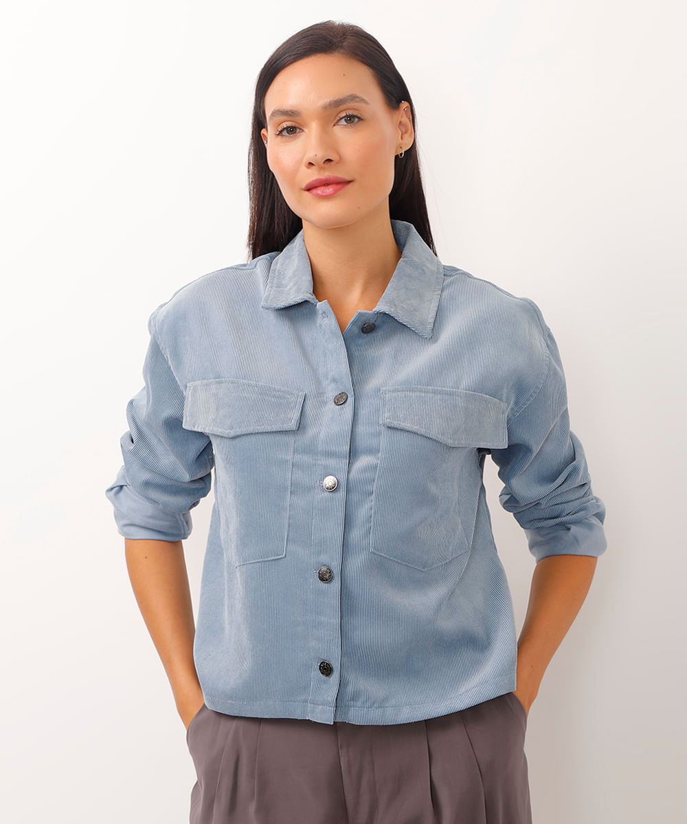 camisa shacket oversized com bolso azul