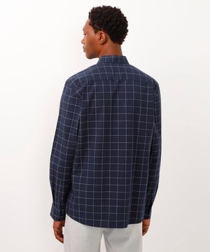 camisa xadrez de algodão manga longa azul marinho