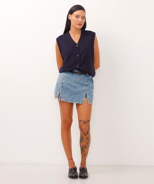 short saia jeans cintura alta com fenda azul