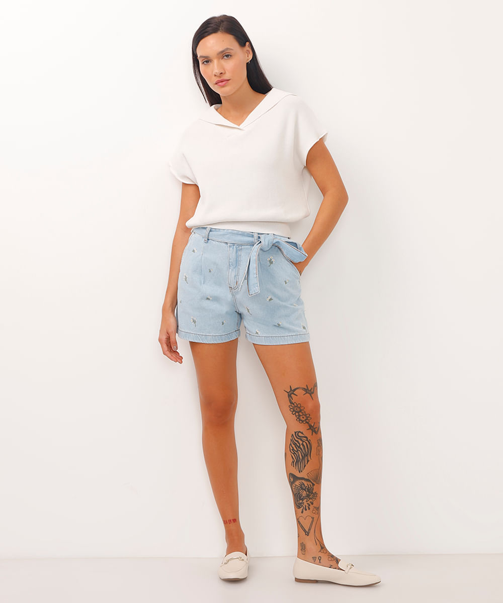 short clochard jeans cintura super alta floral azul