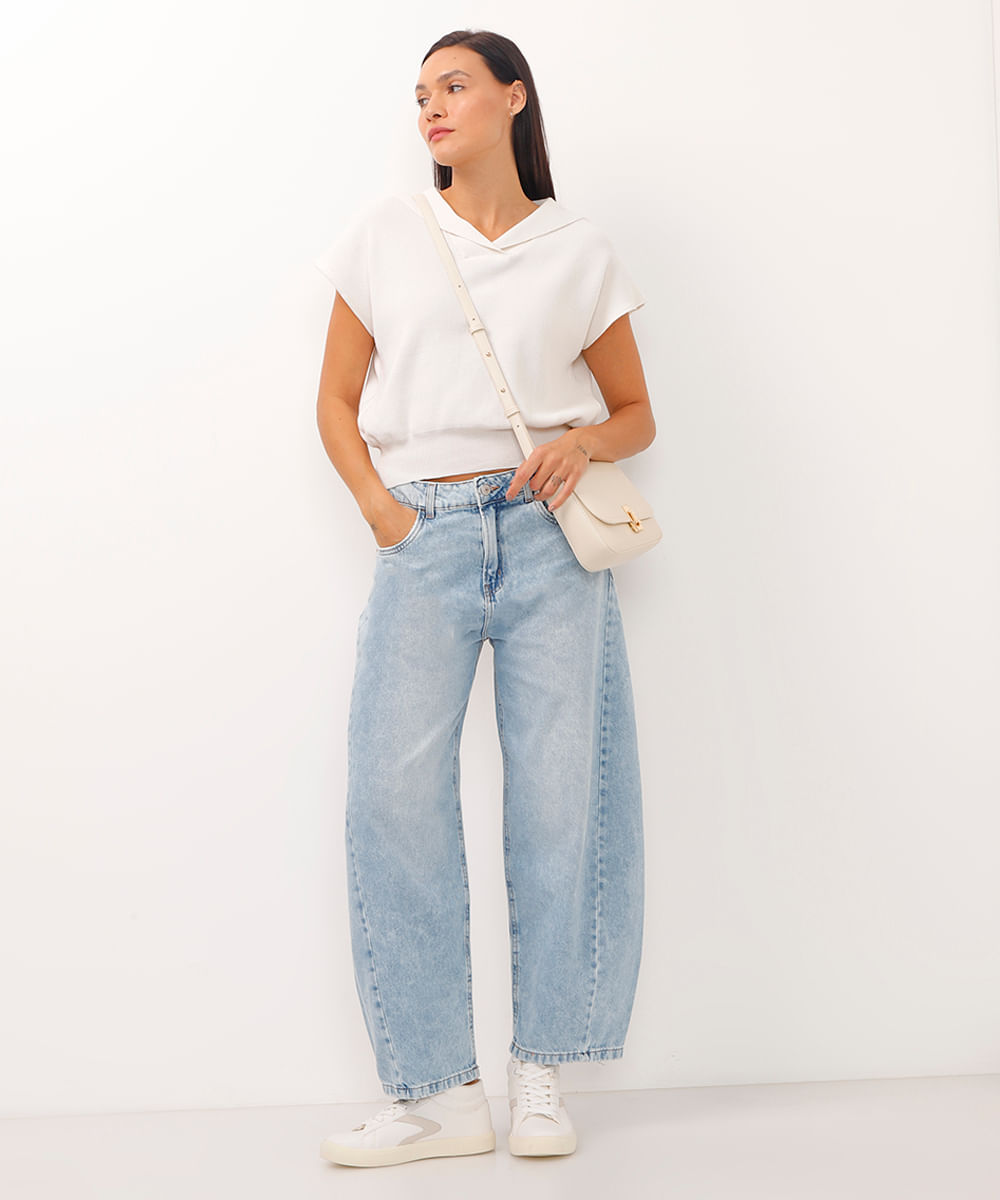 calça barrel jeans cintura média azul