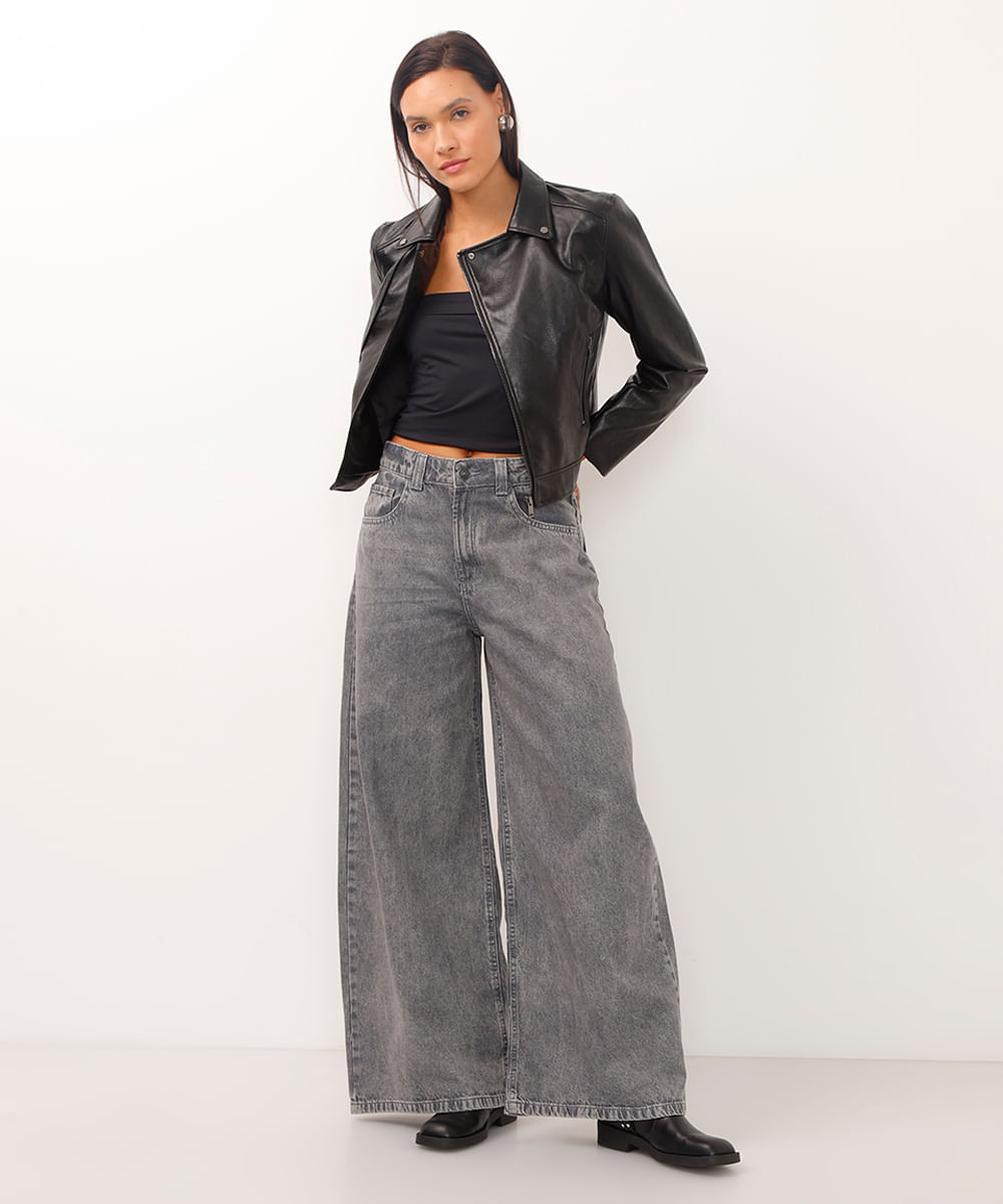calça super wide leg jeans cintura alta cinza