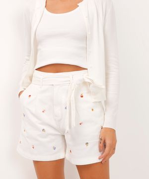 short clochard de sarja cintura super alta floral off white