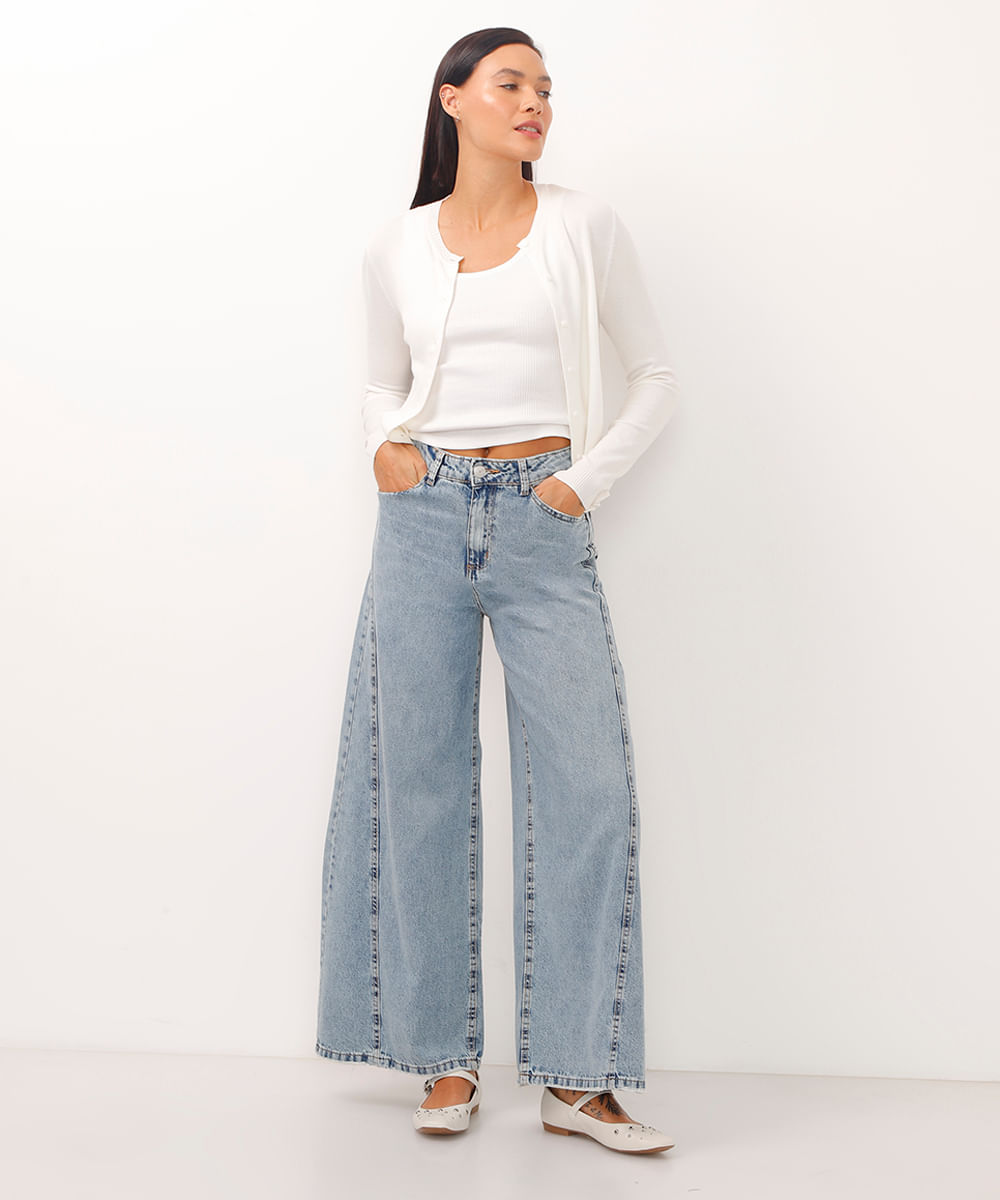 calça super wide leg jeans cintura super alta com recortes azul