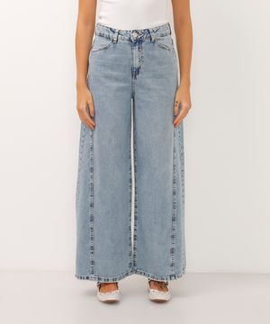 calça super wide leg jeans cintura super alta com recortes azul