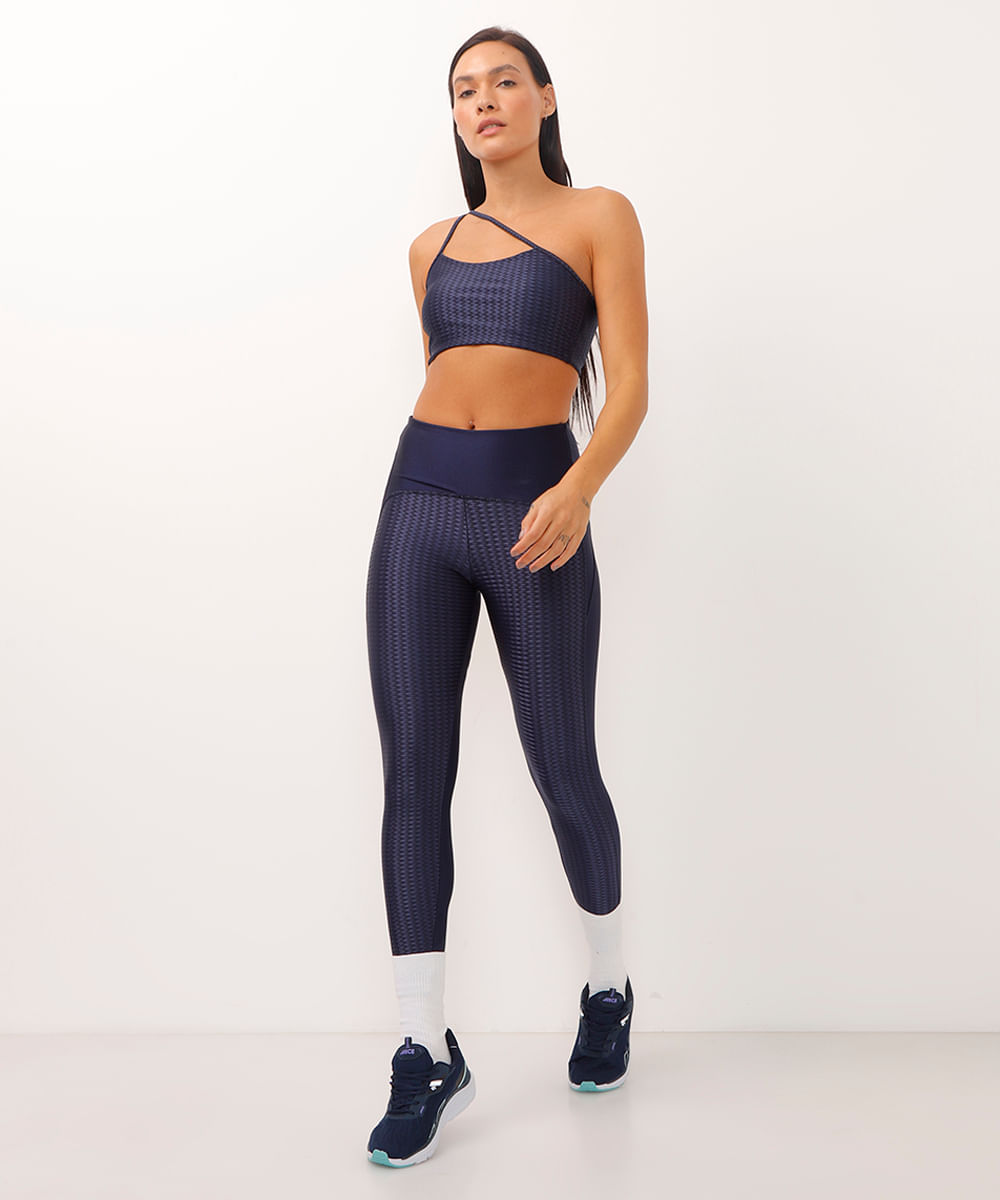 calça legging cós largos geométrica esportiva azul marinho
