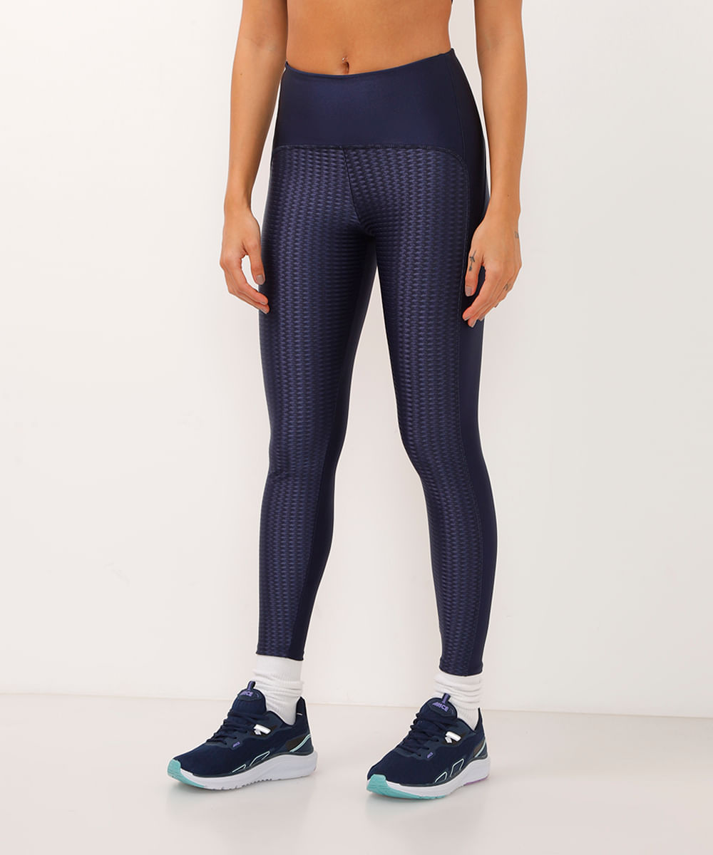 calça legging cós largos geométrica esportiva azul marinho
