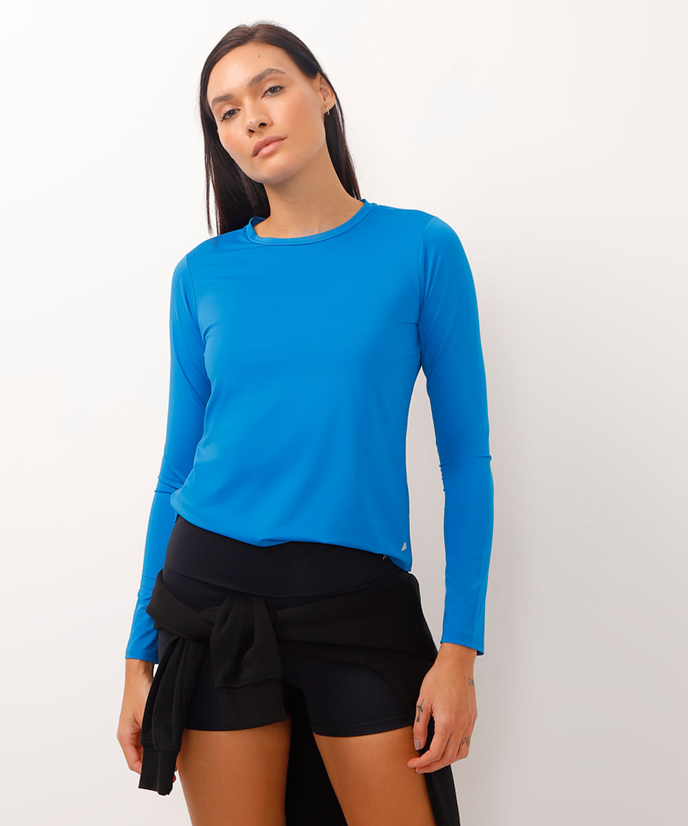 blusa manga longa com proteção UV esportiva azul
