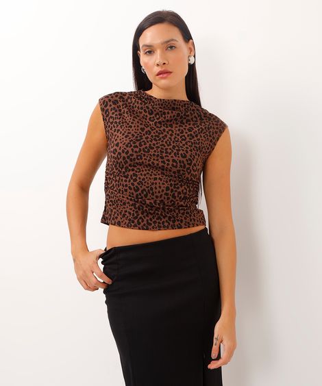 blusa de viscose manga japonesa animal print marrom