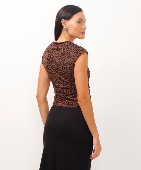 blusa de viscose manga japonesa animal print marrom