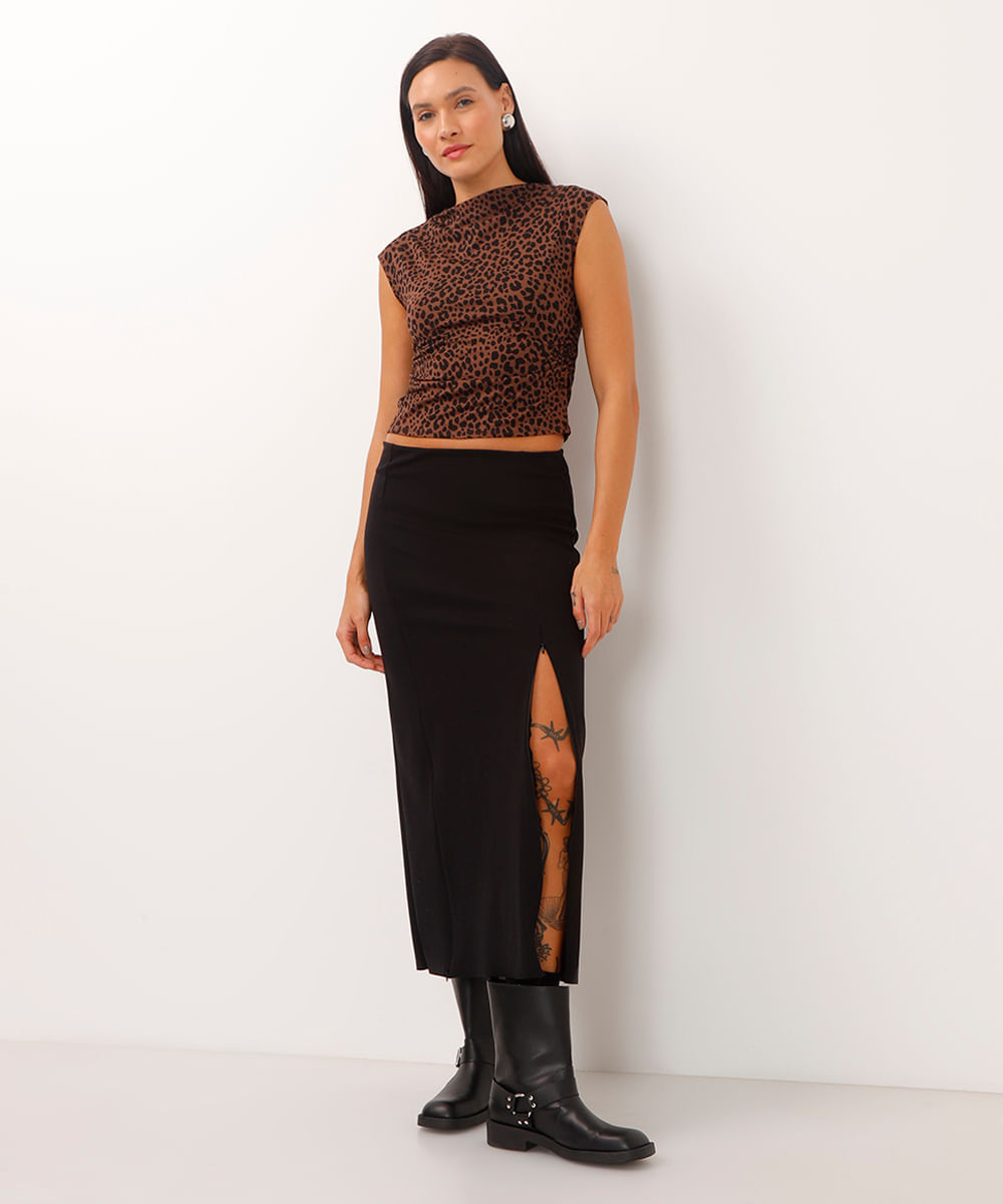 blusa de viscose manga japonesa animal print marrom