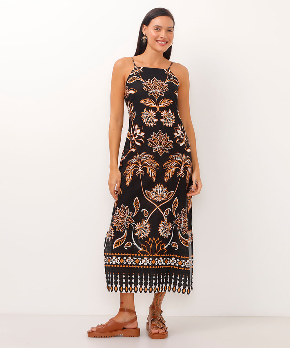 vestido midi floral com fenda preto