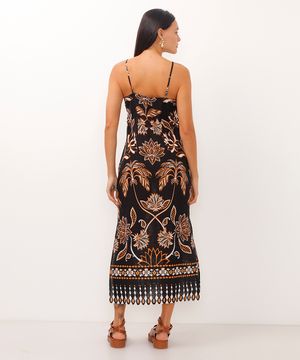 vestido midi floral com fenda preto