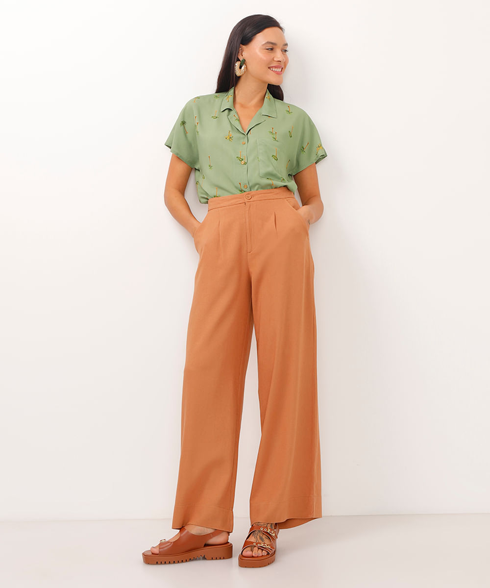 calça wide leg com linho cós com elástico marrom