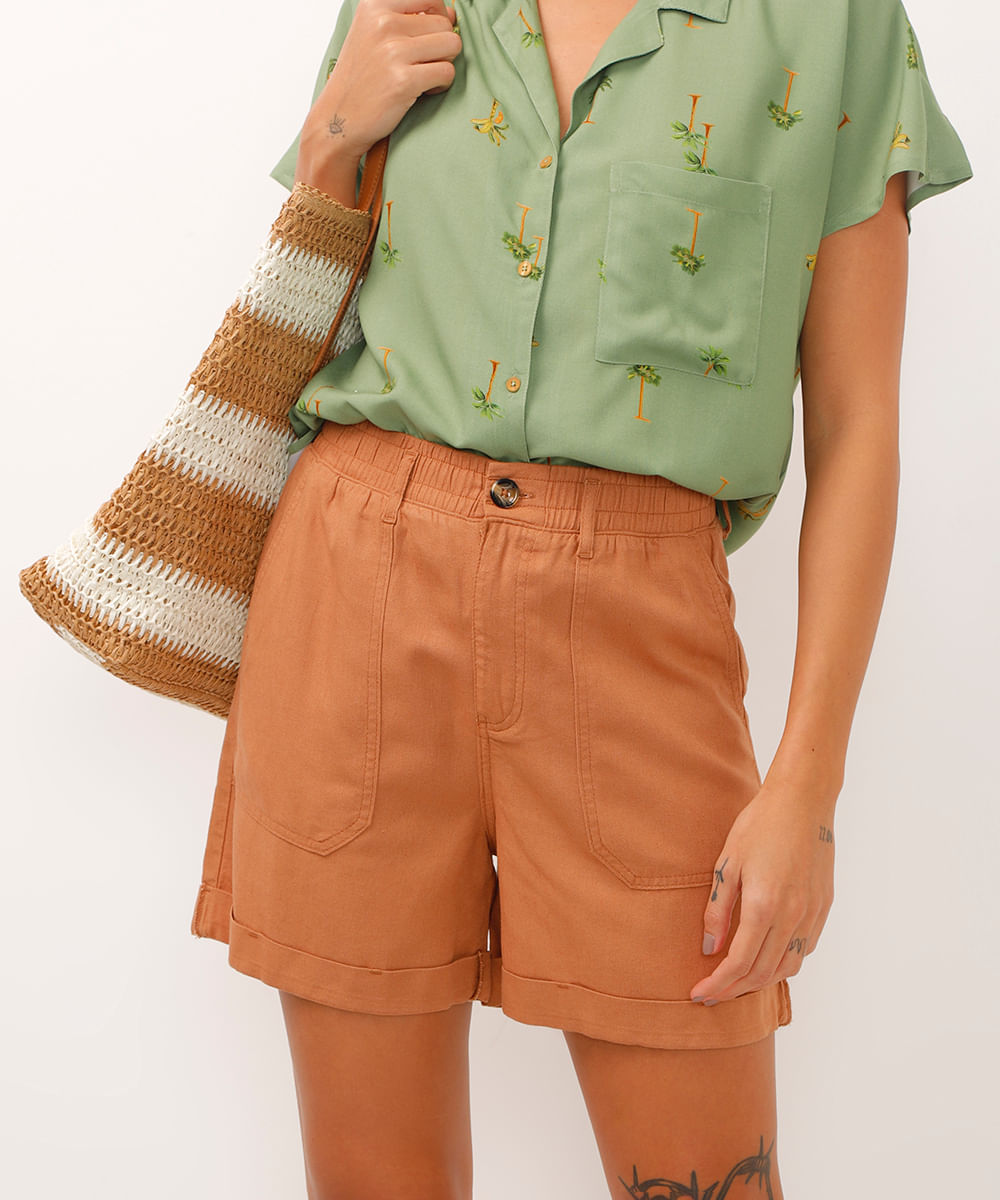 short clochard com linho cintura alta marrom