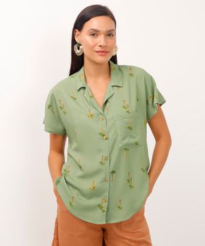 camisa de viscose manga japonesa coqueiro verde