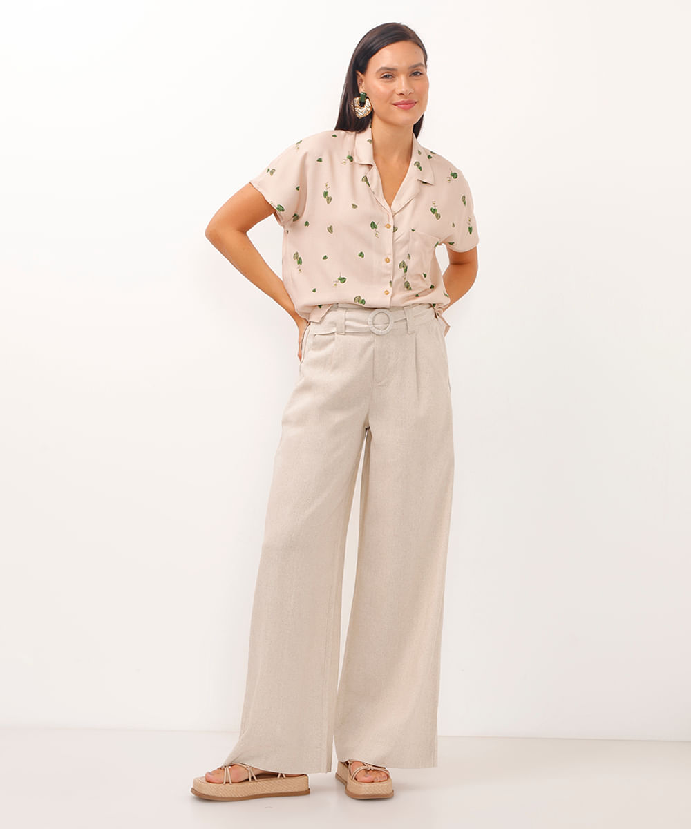 calça de viscose wide com cinto bege