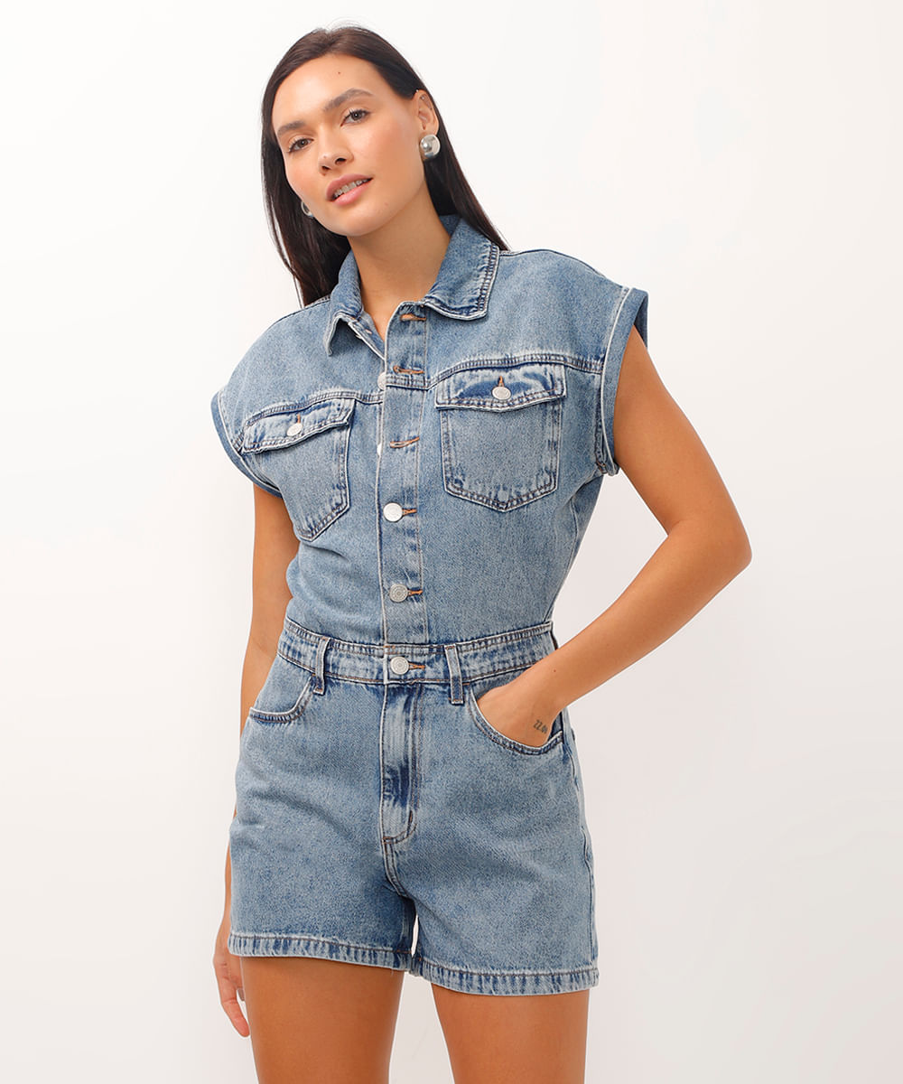 macacão oversized jeans manga curta azul