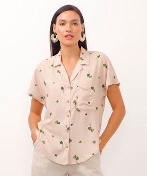 camisa de viscose manga japonesa folhagem bege