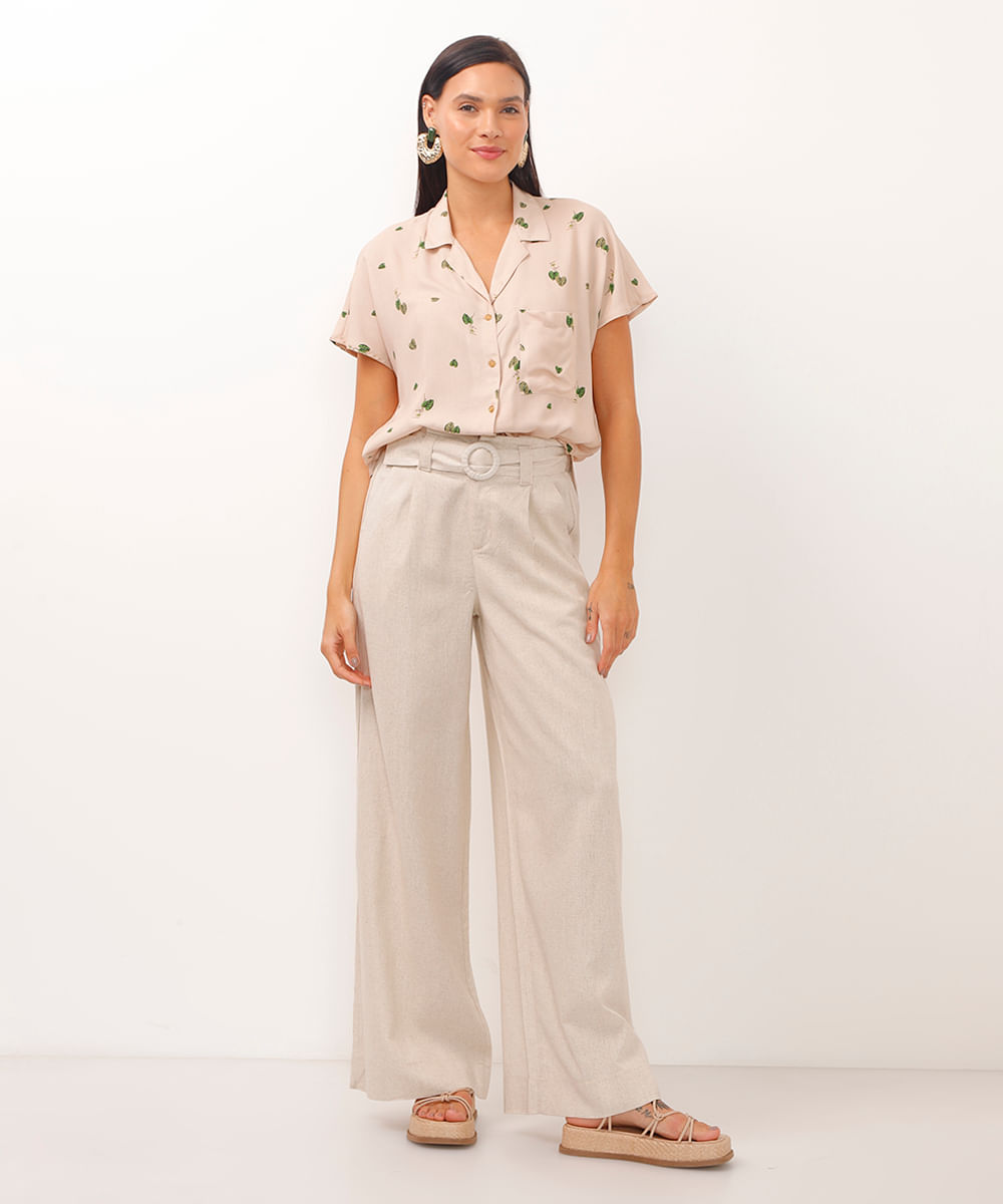camisa de viscose manga japonesa folhagem bege