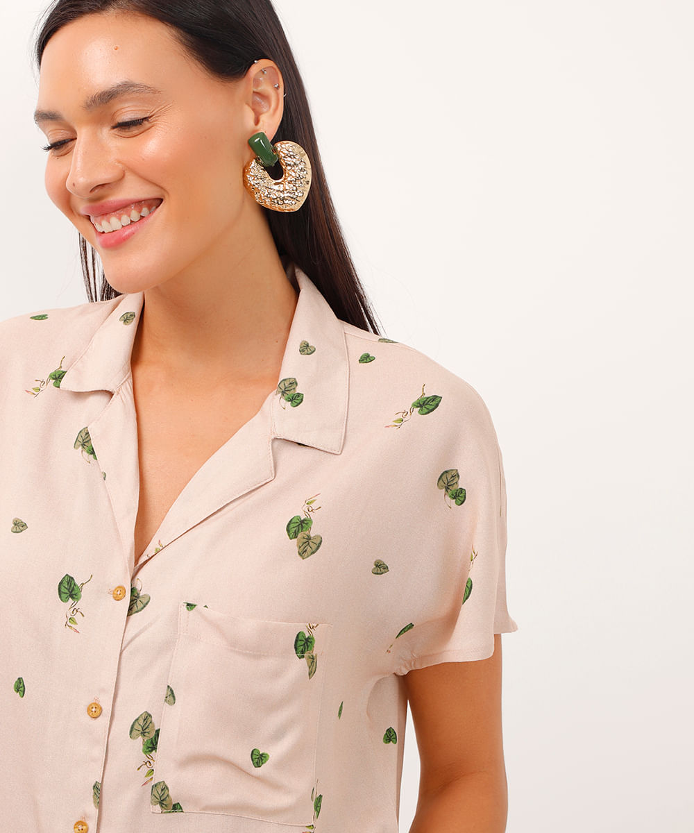 camisa de viscose manga japonesa folhagem bege