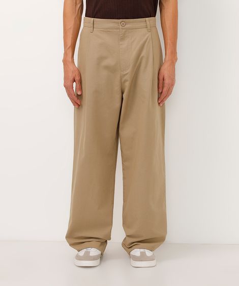 calça de sarja baggy com bolsos - kaki