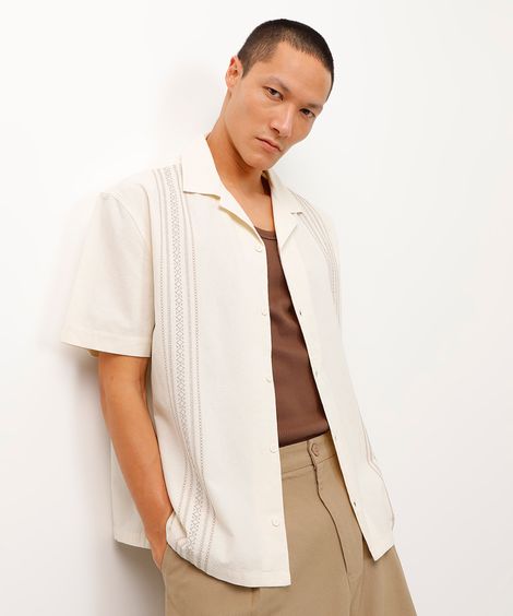 camisa de algodão manga curta étnica off white