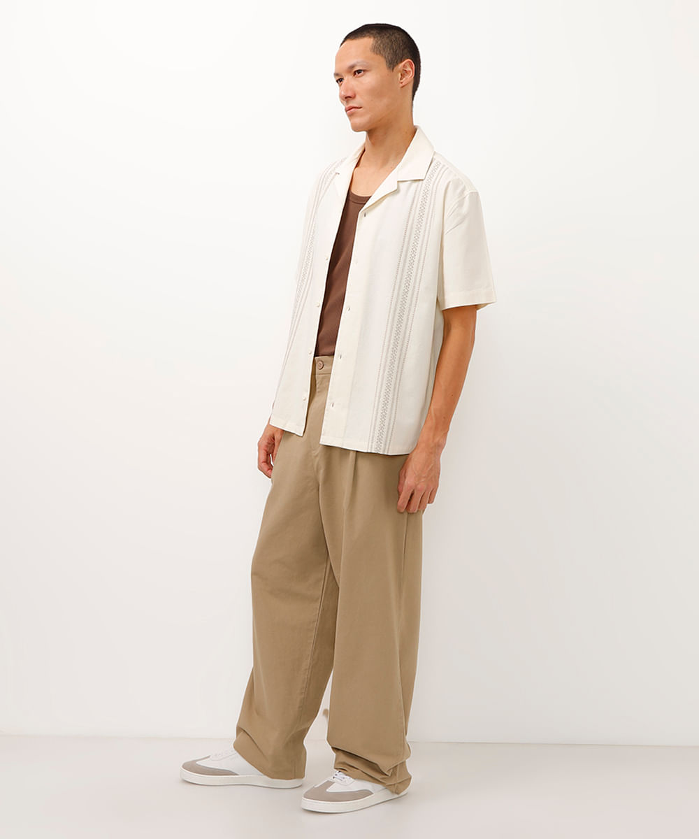 camisa de algodão manga curta étnica off white