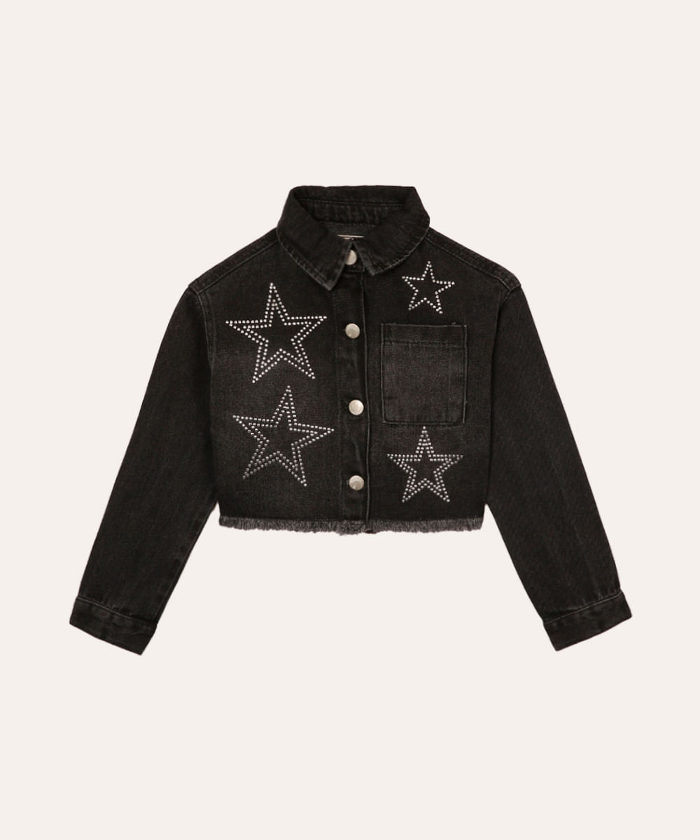 jaqueta jeans infantil estrelas com brilho preta