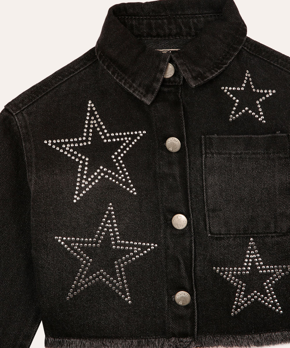 jaqueta jeans infantil estrelas com brilho preta