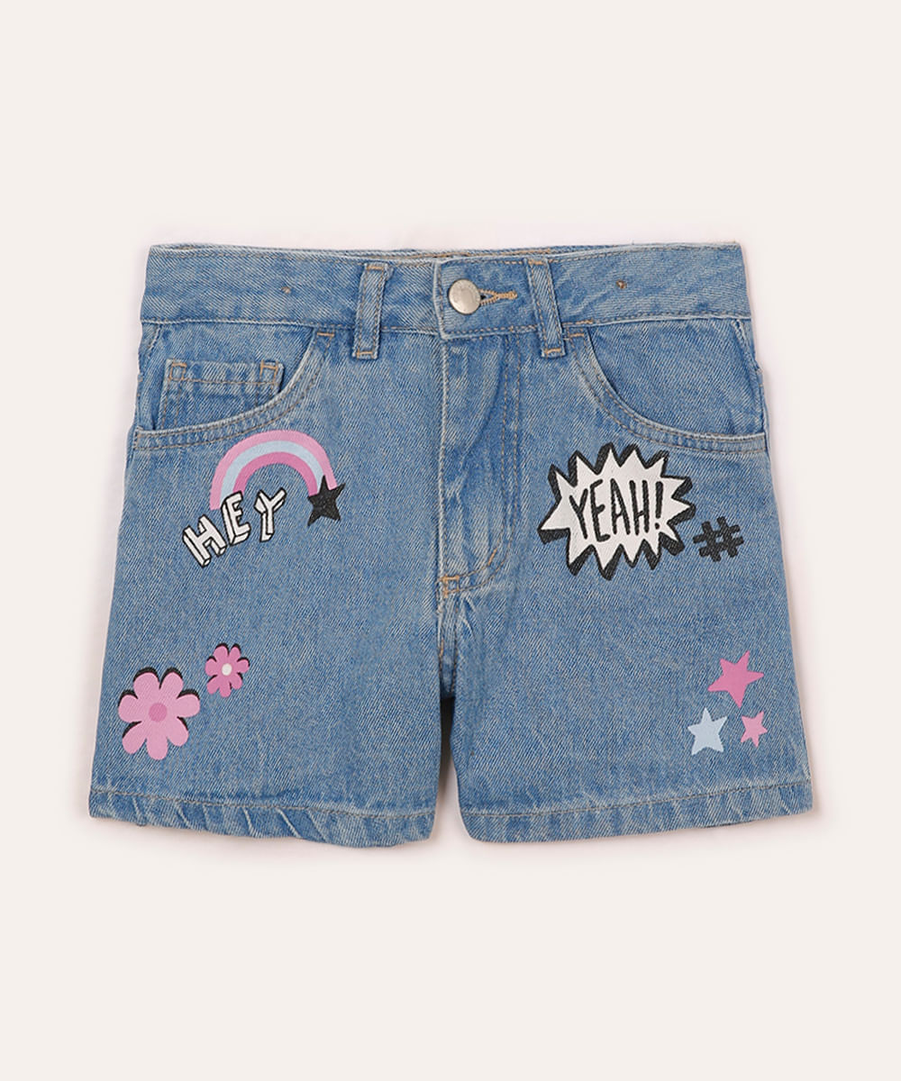 short mom jeans infantil flor e estrela azul