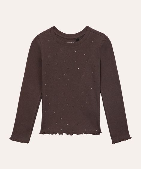 camiseta de algodão manga longa strass cinza
