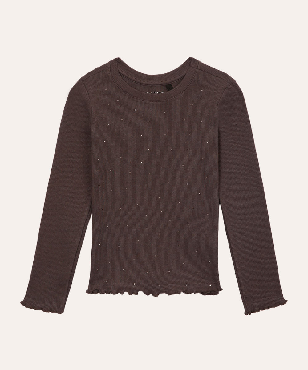 camiseta de algodão manga longa strass cinza