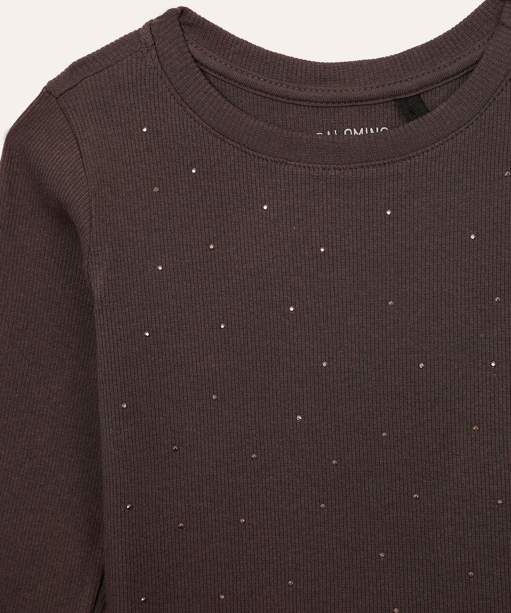 camiseta de algodão manga longa strass cinza