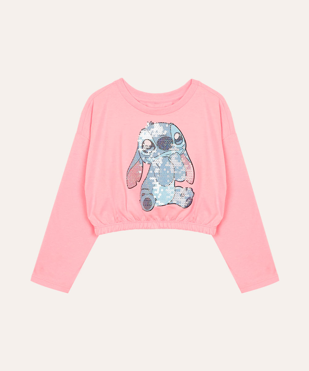 camiseta de algodão manga longa infantil stitch rosa