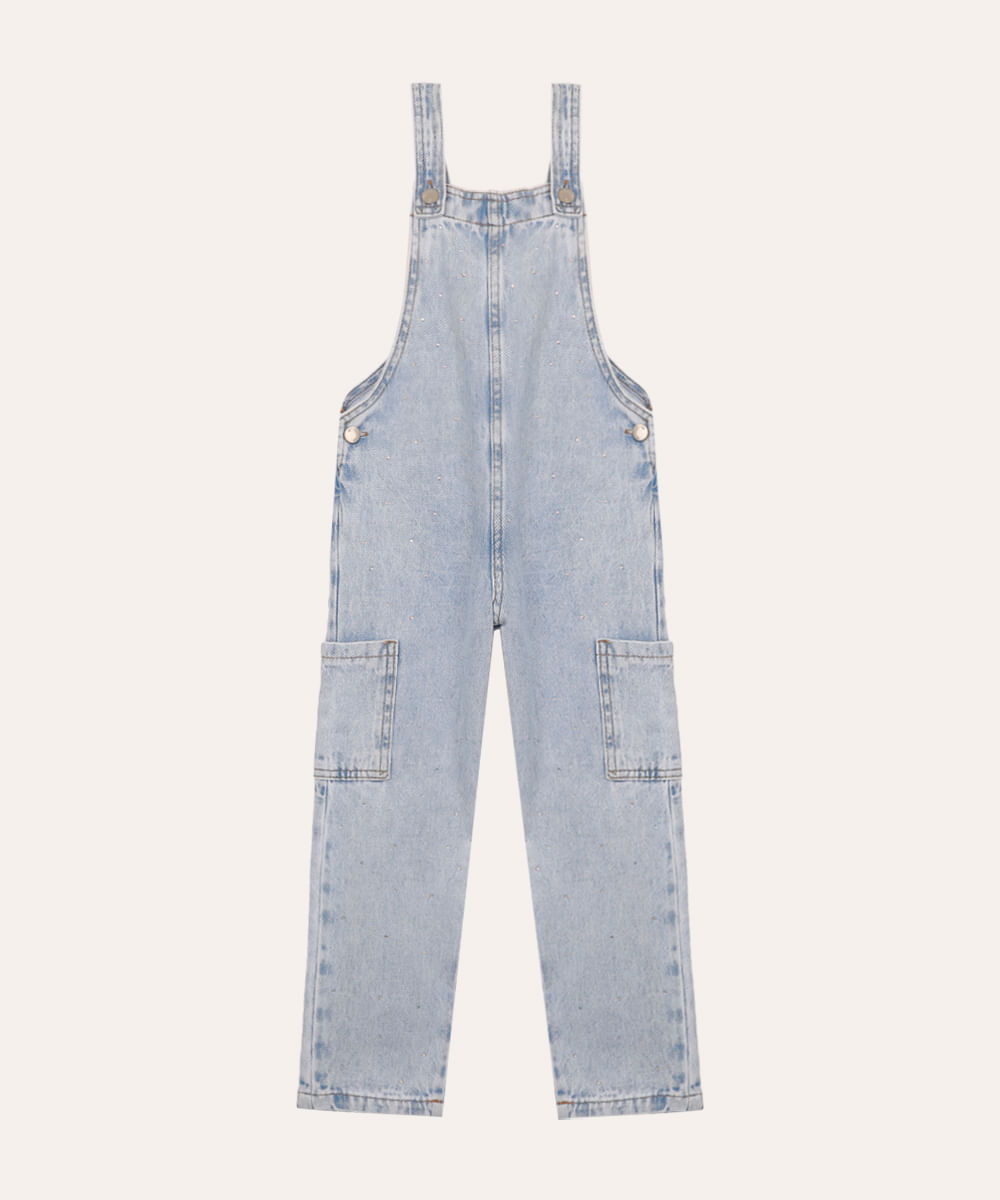 jardineira jeans infantil com brilho azul