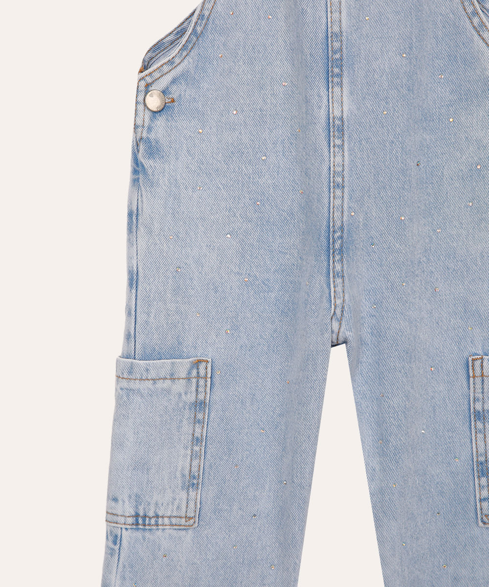 jardineira jeans infantil com brilho azul