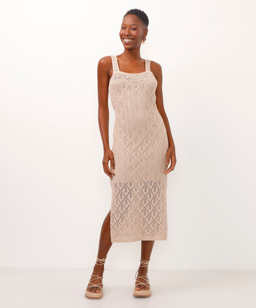 vestido midi de tricot reto bege