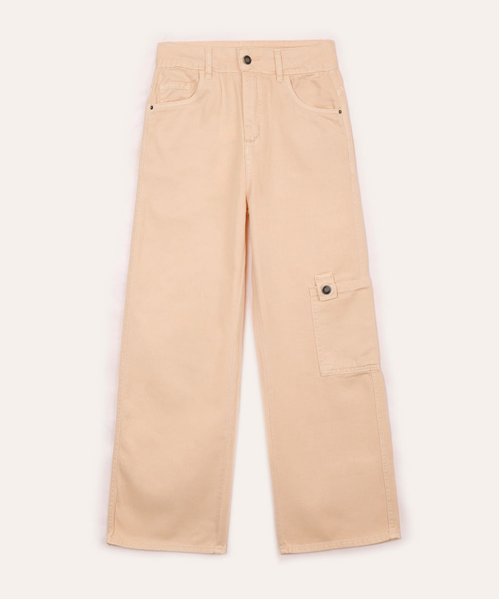 calça de sarja juvenil wide leg cargo bege