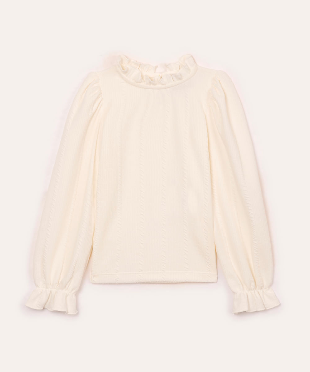 blusa manga bufante infantil com babados texturizada off white