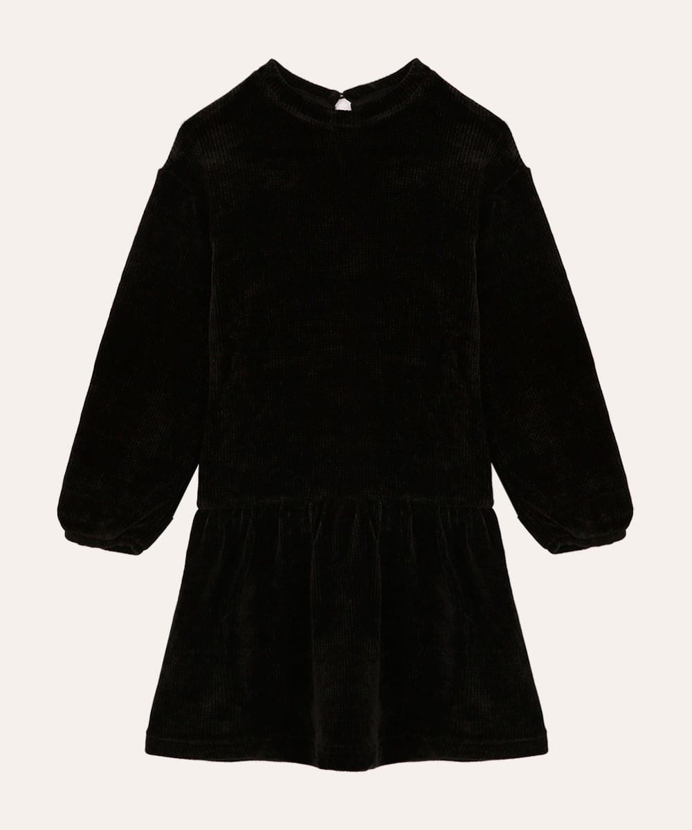 vestido de chenille infantil com babado preto