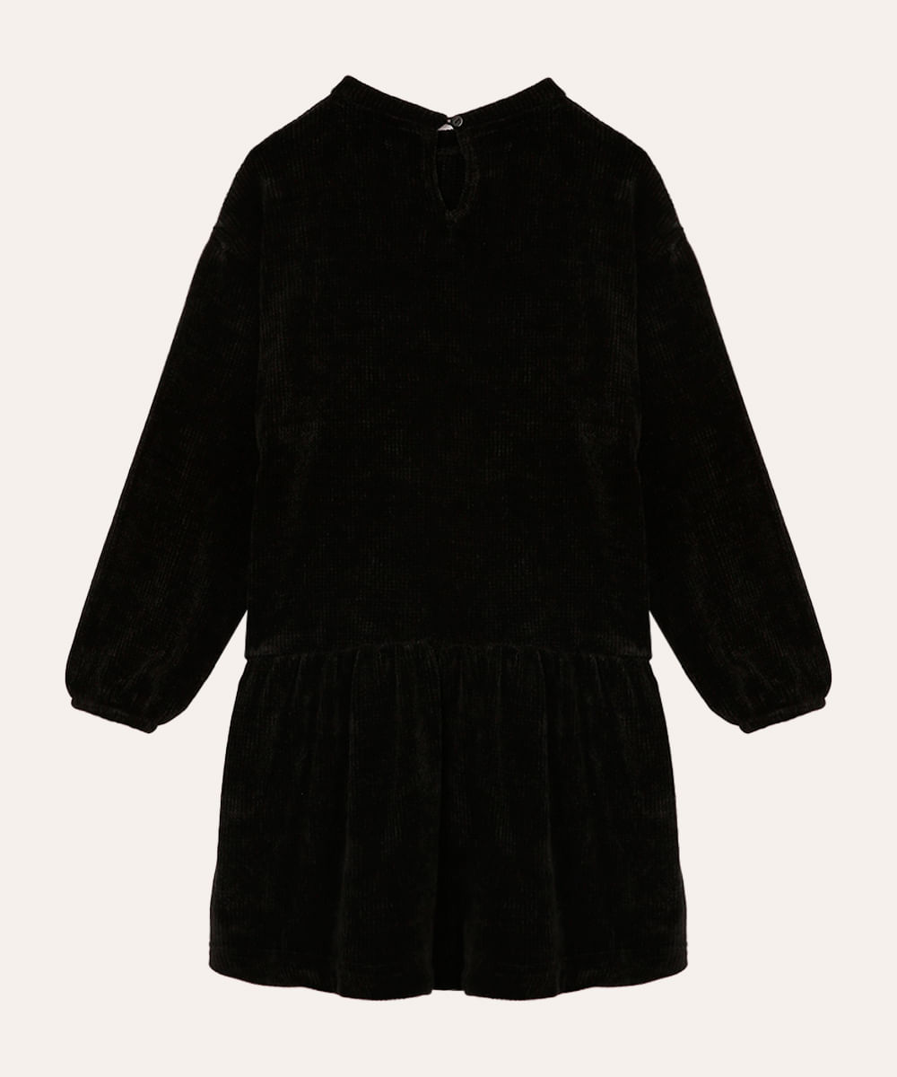vestido de chenille infantil com babado preto