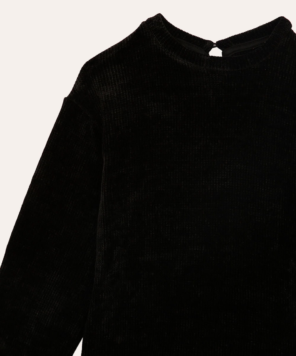 vestido de chenille infantil com babado preto