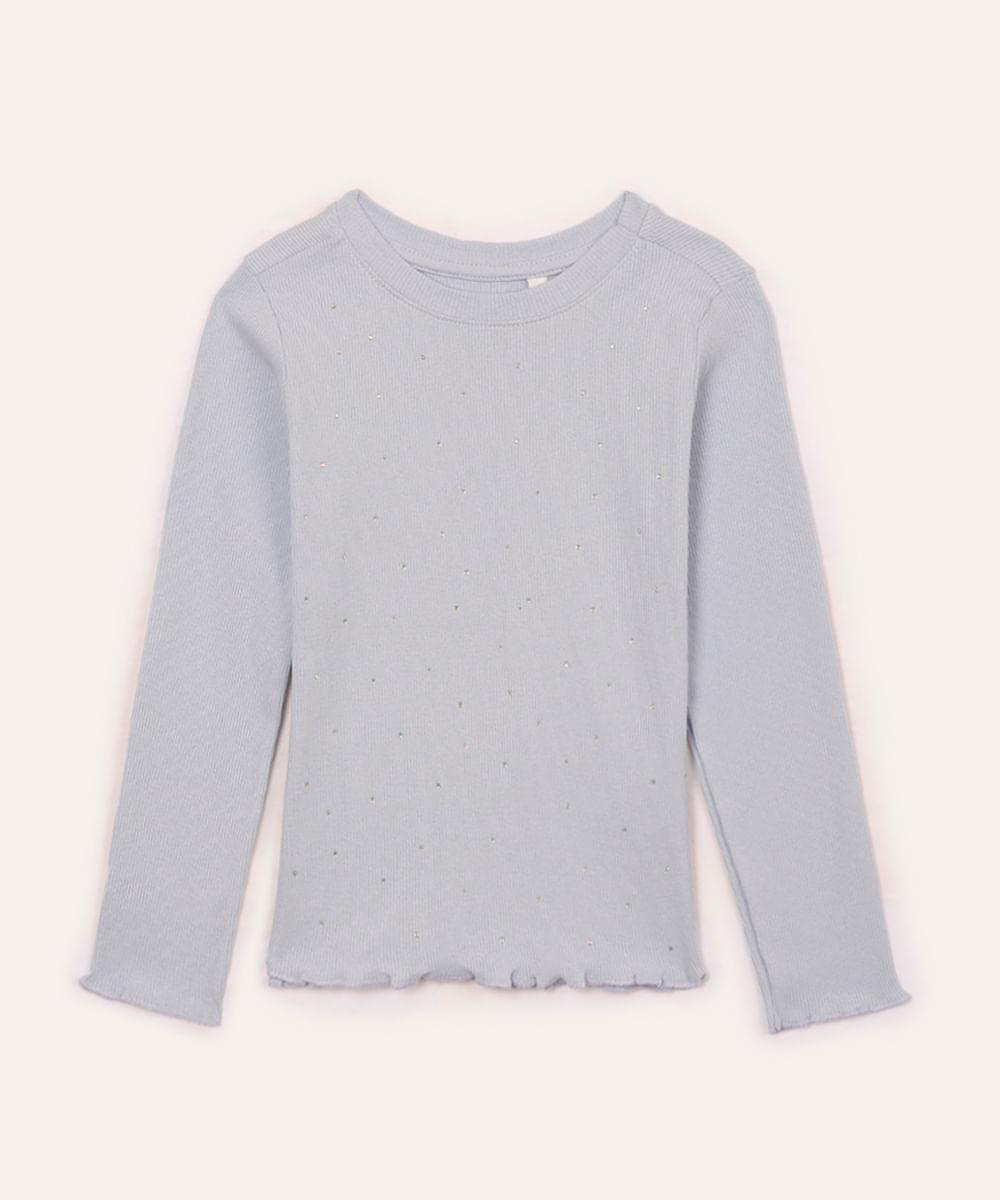 camiseta de algodão manga longa strass azul claro